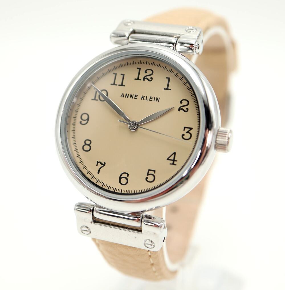 Anne Klein Silver Tone Beige 36mm Womens Watch Tan Leather Strap w New Battery